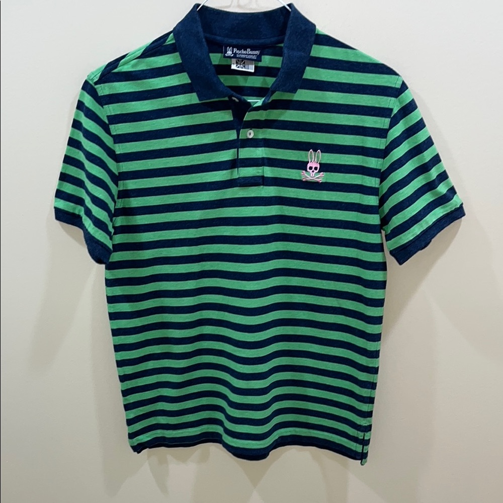 Psycho Bunny Green and Navy Striped Polo Shirt. Size 5, Medium. New Condition.